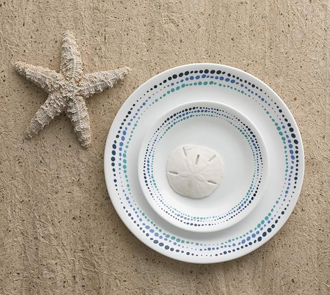 Corelle Vitrelle 18-Piece Service for 6 Dinnerware Set Triple Layer Glass and Chip Resistant, Lightweight Round Plates and Bowls Set, Ocean Blue