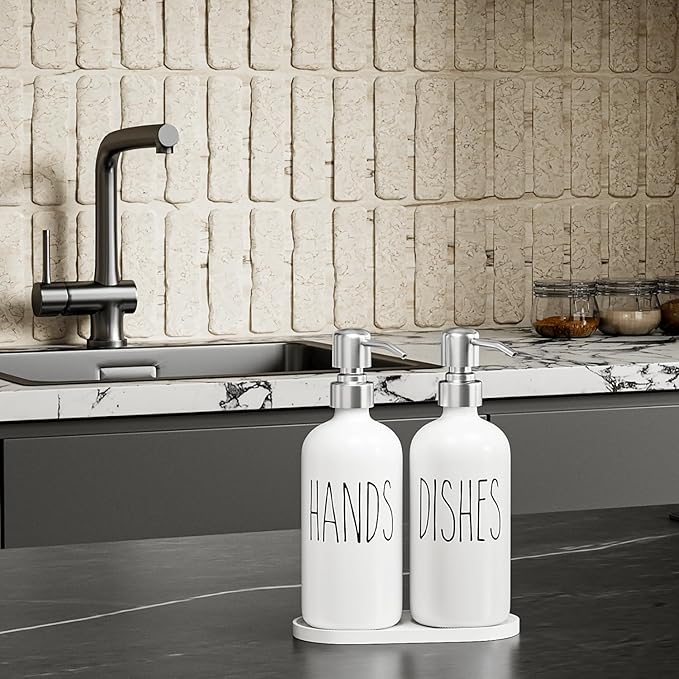 MOMEEMO Soap Dispenser for Kitchen Sink, White Soap Dispenser with Silver Metal Pump, Suitable for Kitchen Decor and Accessories. (White & Silver)