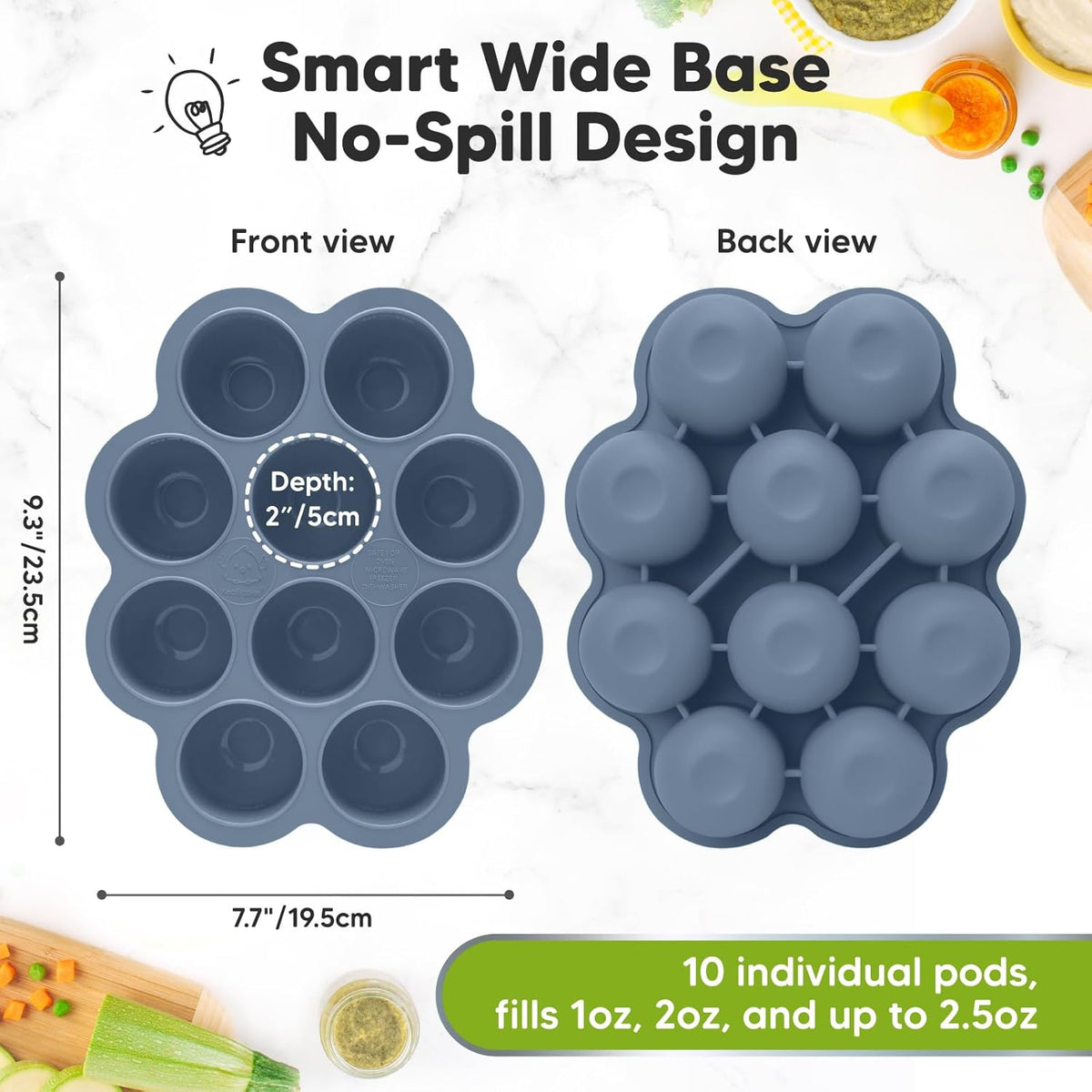 KeaBabies Silicone Food Freezer Trays with Lid, 2oz x 10 Pods Baby Food Storage Containers, Easy Puree Meal Prep, Breast Milk Silicone Freezer Molds, Dishwasher, Microwave Safe, BPA-Free (Slate)