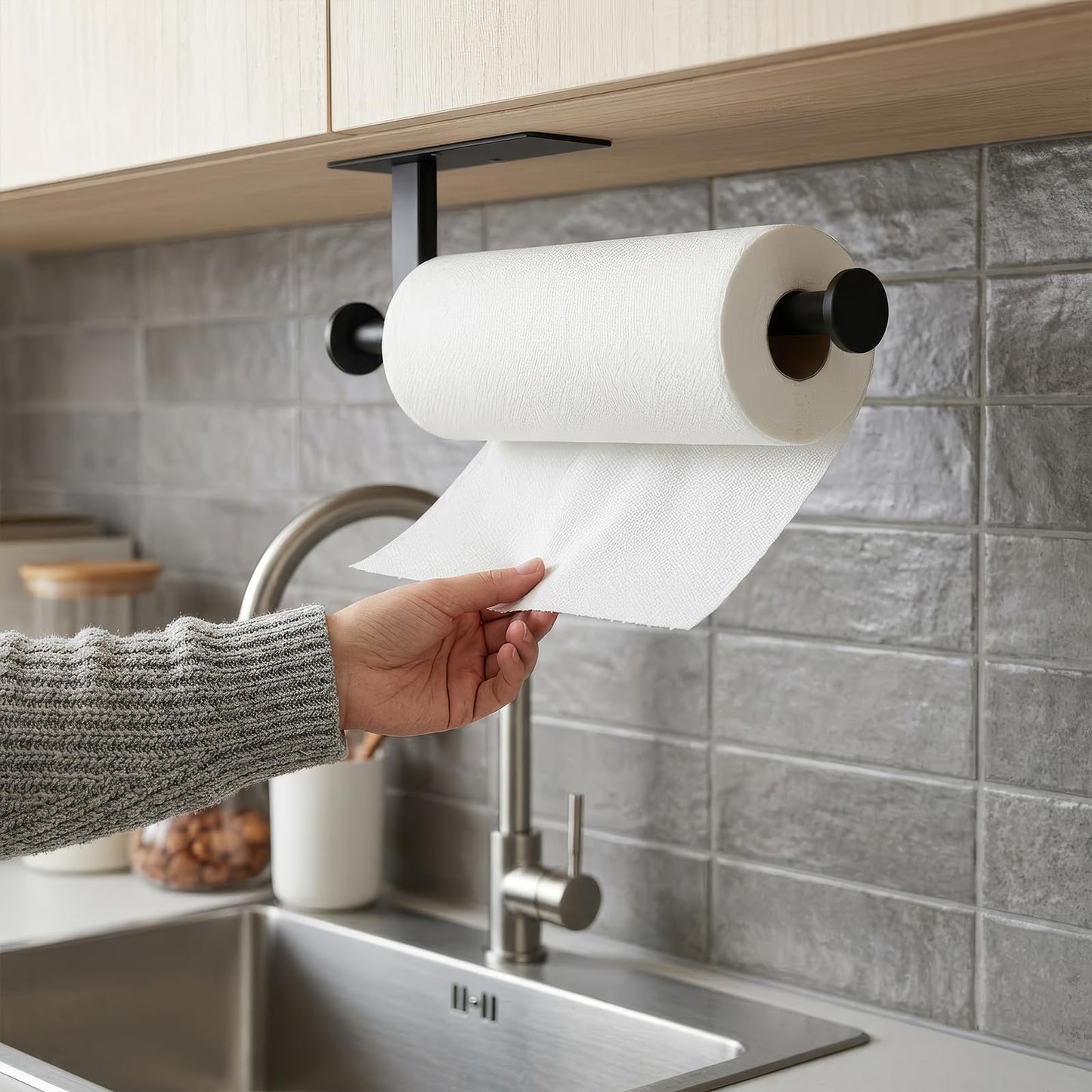 FISHCLOUD Paper Towel Holder Wall Mount - Self Adhesive No Drill or Drilling, SUS304 Stainless Steel - Kitchen, Bathroom, Sink, Pantry, Fridge(Black)