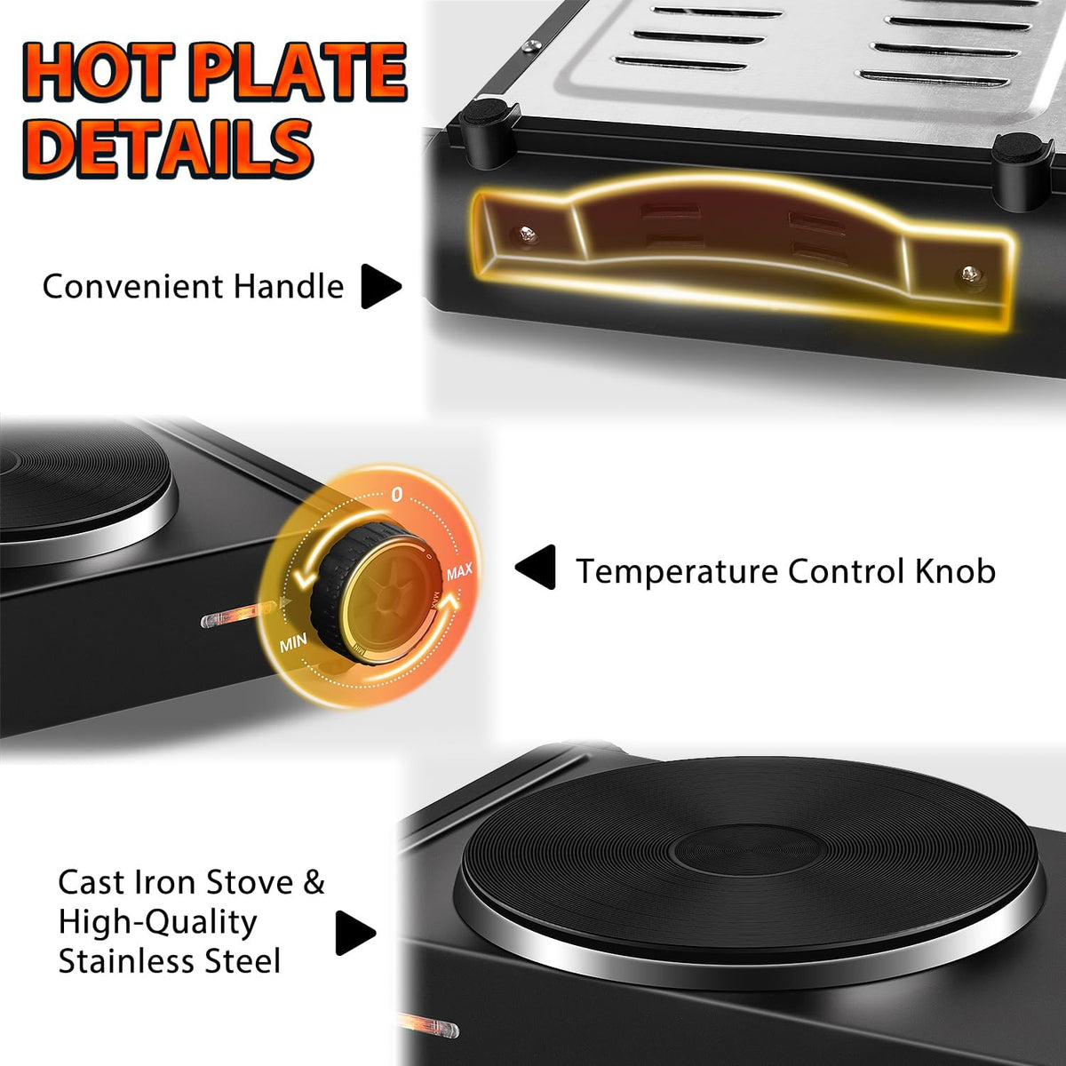 CUSIMAX Electric Hot Plate,Portable Double Hot Plate For Cooking,1800w Electric Stove Temperature Controls,Cast Iron Cooktop,Suitable For All Cookware,Easy To Use Handle,Black Stainless Steel