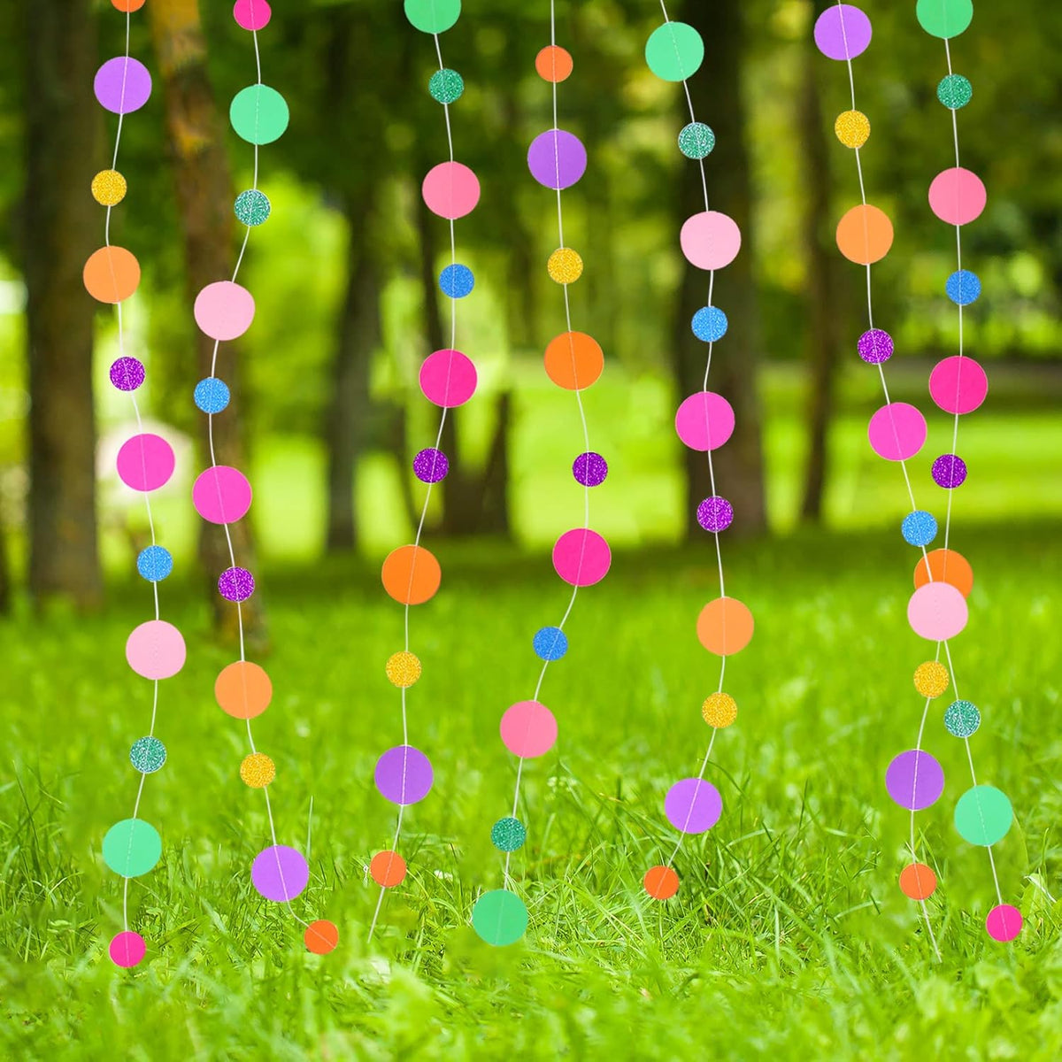 Outus 20 Pieces Colorful Dots Paper Garland Round Glitter Garland Hanging Confetti Streamers Backdrop Decoration for Birthday Classroom Candy Sprinkles Trunk or Treat Party (Rainbow)