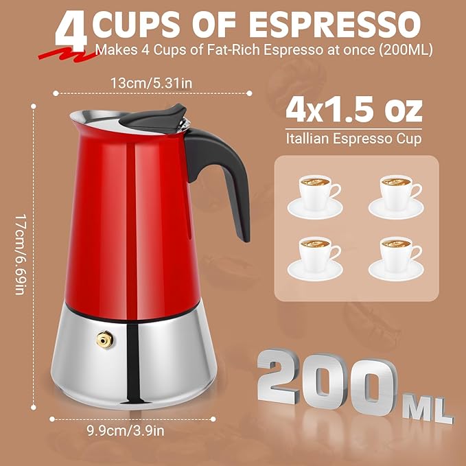 Moka Pot, 4 Cups (7.1 oz) Stovetop Espresso Maker, 304 Stainless Steel Moka Pot, Induction Compatible, Red