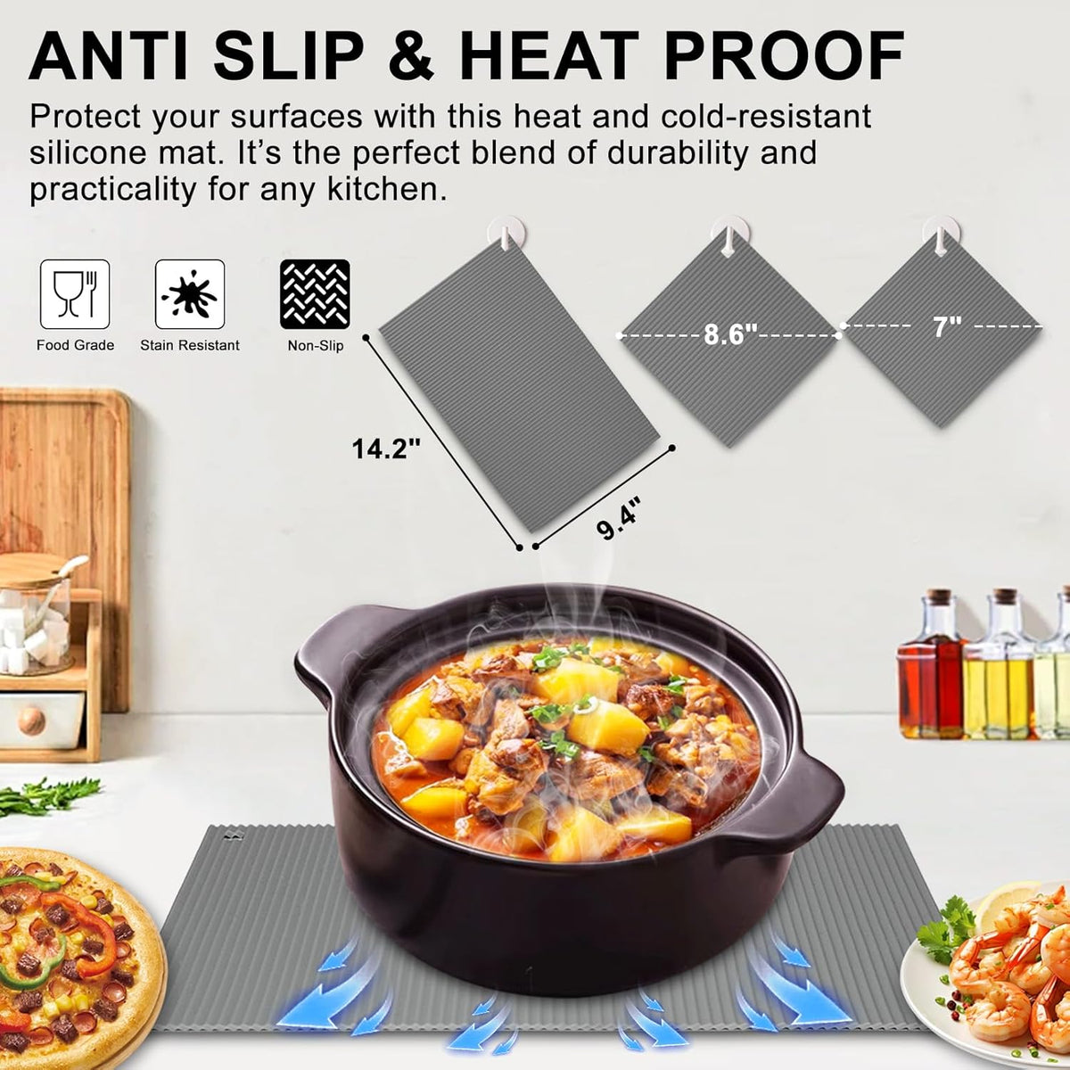 2 Pack 9.5'' x 14.2'' Trivets for Hot Dishes, Hot Pads for Kitchen, Silicone Trivets for Hot Pots and Pans, Hot Plates to Protect Table, Heat Resistant Silicone Trivet Grey