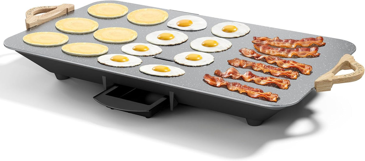 12x20inch Electric Griddle by BBQ Masters, 1700W Fast Even Heating, ILAG Granite Nonstick, Sloped Cooking Surface, Frameless Design for Easy Cleaning, Great for Family Gatherings, Grey