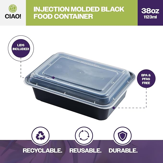 CIAO! Heavy Weight 38oz Injection Molded Microwavable Black Rectangular Food Container with Lid (150/case)