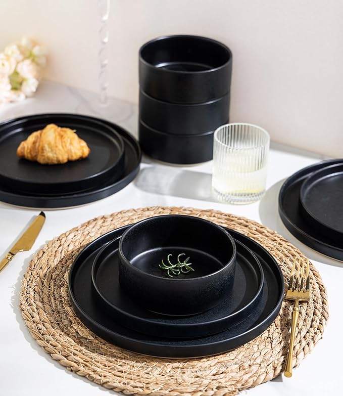 TheTerra Ceramic Dinnerware Sets for 6, 18 Pieces Handmade Reactive Glaze Plates and Bowls Set, Scratch Resistant Dish Set, Oven & Microwave & Dishwasher Safe, Matte Black