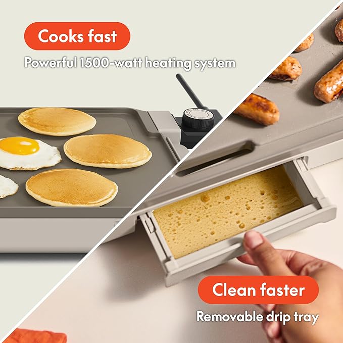bella 12" x 22" Electric Griddle with EverGood™ Ceramic Nonstick Coating, Removable Temperature Probe, Dishwasher-Safe Drip Tray & Cool Touch Handles, Cook up to 15 Eggs, 1500 Watt, Oatmilk