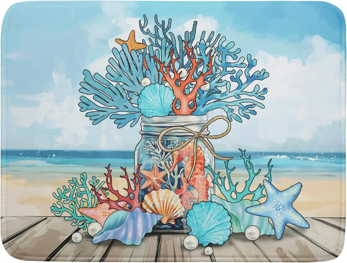 Coastal Coral Dish Drying Mat 18x24 inch Starfish Shell Fast Dry Microfiber Dish Rack Mats Drainer Pad for Countertop Kitchen Table Decor