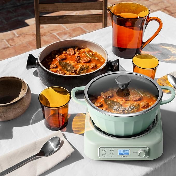 BUYDEEM 5-in-1 Slow Cooker 4.7QT with Removable Nonstick Stockpot, Compatible with Various Cookwares, Two Temperature Controls, Customized Time Settings, Auto Keep Warm for 2H, Cozy Greenish