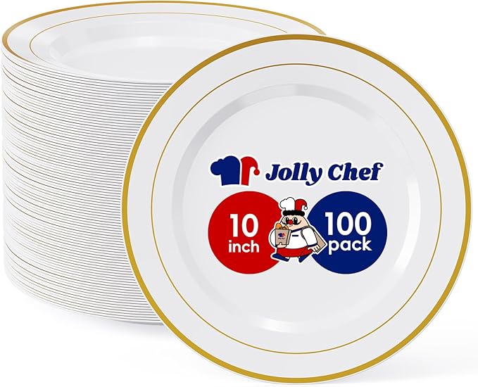 JOLLY CHEF 100 Pieces Gold Plastic Plates, 10 Inch Elegant Disposable Dinner White with Gold Rim, Disposable Plastic Plates for Dinner, Birthdays and Weddings