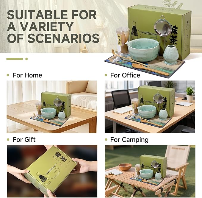 Matcha Whisk Set with Ceramic Bowl - Bamboo Whisk (Chasen), Scoop, Sifter & Holder - Complete Kit for Traditional Matcha Tea - Unique Gifts for Women, Men, Tea Lovers (Matcha Crystal)