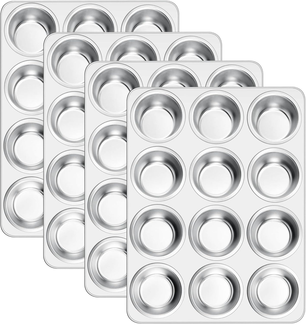 E-far 12-Cup Muffin Pan Set of 4, Stainless Steel Muffin Tins, Non-Toxic Metal Cupcake Pans Tray for Baking Small Mini Cupcake, Heavy Duty & Regular Size, Rust Free & Dishwasher Safe