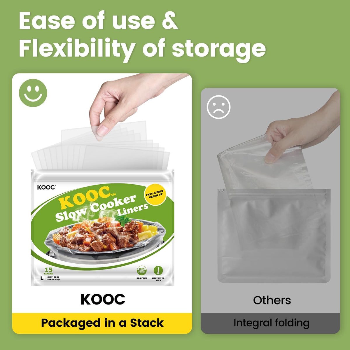 KOOC Slow Cooker Liners 13x21 inch 15 Count Large Size Disposable Pot Liners Cooking Bags Fit 3QT to 8.5QT Pot BPA Free Fresh Locking Seal Design