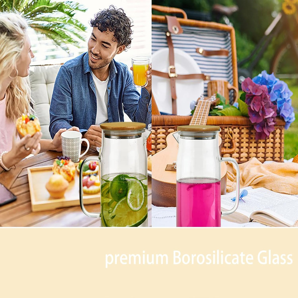 50oz Glass Pitcher with Lid, Glass Water Carafe with Handle, Fridge Water Jug Cold or Hot Beverages, Iced Tea, Milk, Juice (set of 3)