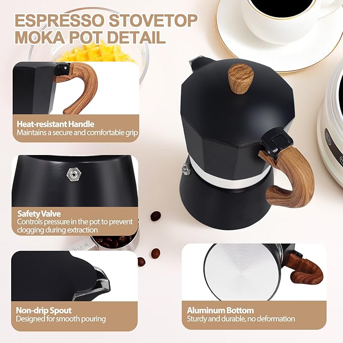 Aluminum 6 Cup 300ml Moka Pot Express Coffee Maker Stovetop Espresso Colorful Coffeemaker Italian Classic Style Brewing Greca Cafe Mocha Machine for Cafeteras Lover Camping Travel and Home Use 10oz