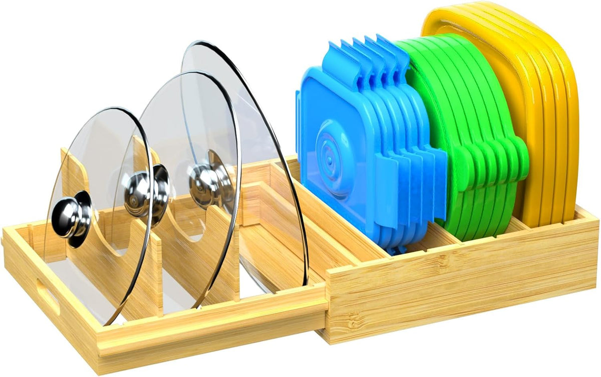 Pots and Pans Organizer, Bamboo Expandable Cutting Board Organizers, Adjustable Pot Lids Organizer for Cabinet with 5 Adjustable Dividers for Pots, Pans, Baking Sheets, Cutting Boards, Nature