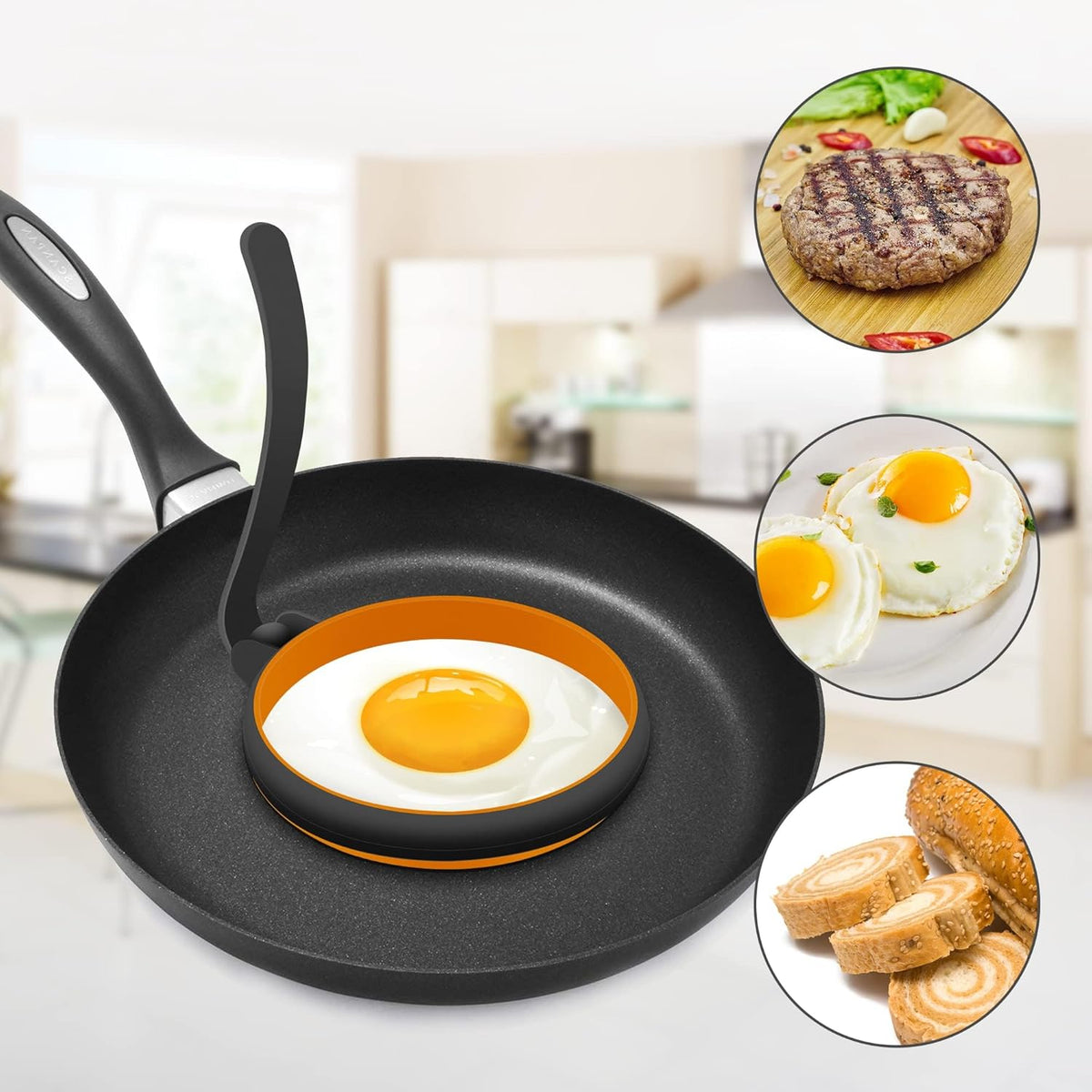 Silicone Egg Rings For Egg Mcmuffins Maker, Silicon Egg Shaper Egg Form for Pancake Patties & English Muffin, Foldable Round Crumpet Ring Mold, Non Stick Egg Circles