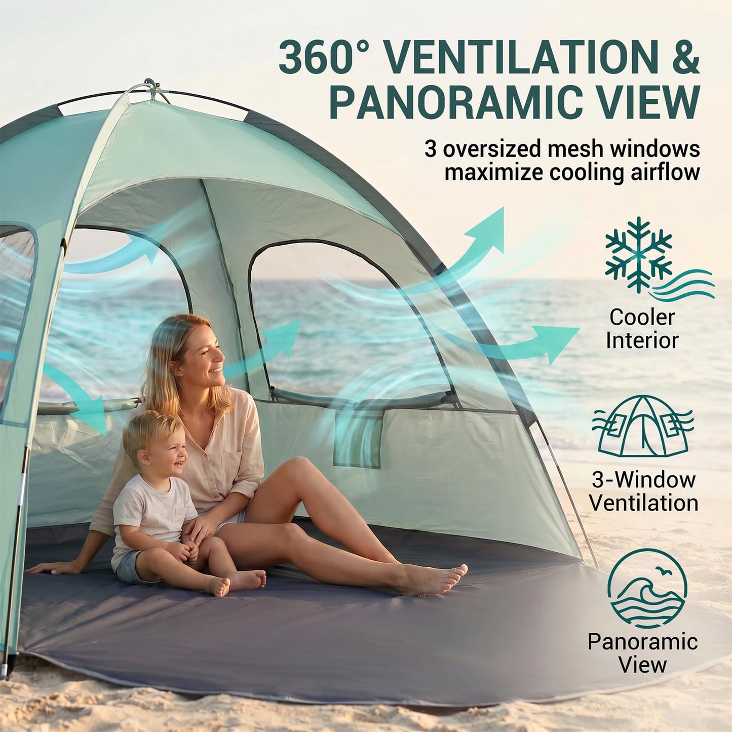 WhiteFang Beach Tent Anti-UV Portable Sun Shade Shelter for 3 Person, Extendable Floor with 3 Ventilating Mesh Windows Plus Carrying Bag, Stakes and Guy Lines (Mint Green)