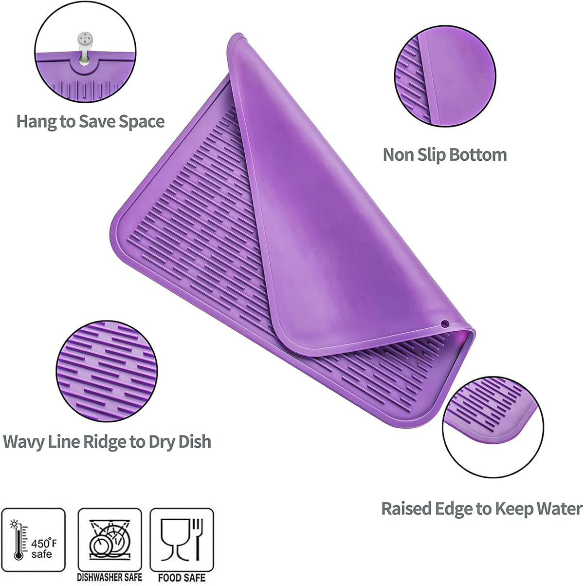 Silicone Dish Drying Mat for Multiple Usage,Easy clean,Eco-friendly,Heat-resistant Silicone Mat for Kitchen Counter or Sink,Refrigerator or Drawer Liner Purple 2XL 24 inches x 18 inches