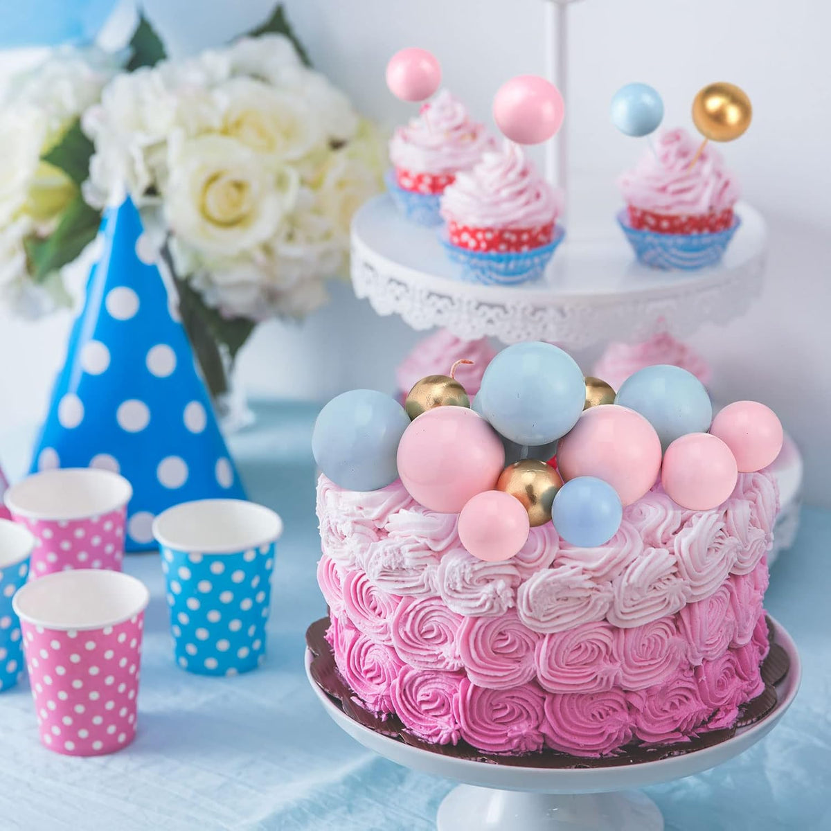 108 Pcs Balls Cake Topper DIY Cupcake Insert Foam Balloons for Cake Baking Wedding Anniversary Birthday Decoration(Pink, Blue, Gold,Multi Sizes)