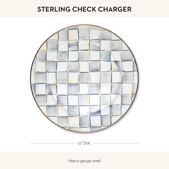 MACKENZIE-CHILDS Enamel Charger Plate, Charger Decoration for Dinner Plates or Home Decor, 12 Inches, Gray-and-White Sterling Check, Set of 1
