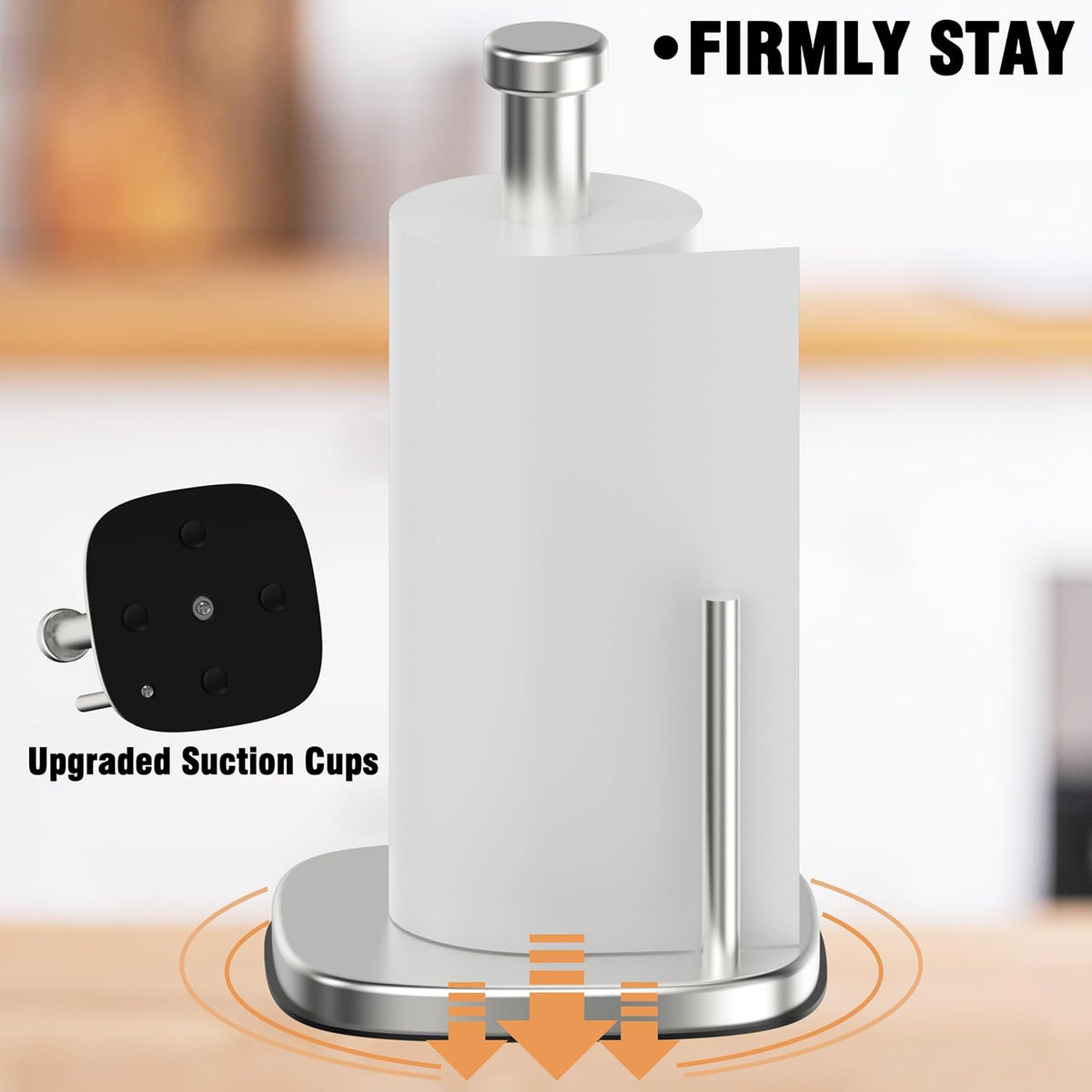Paper Towel Holder Countertop, Standing Paper Towel Roll Holder for Kitchen Bathroom Organize, Stand with Weighted Base Suction Cups, Stainless Steel One-Handed Operation