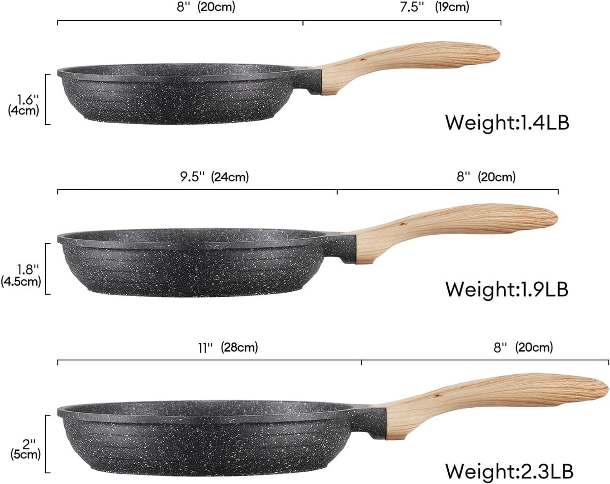 JEETEE Nonstick Frying Pans Set, Nonstick Omelette Skillet Set 3 Pcs, 8" 9.5" 11" Granite Non-Stick Frying pan with Bakelite Handle, Compatible with All Stovetops (Gas, Electric & Induction), Grey