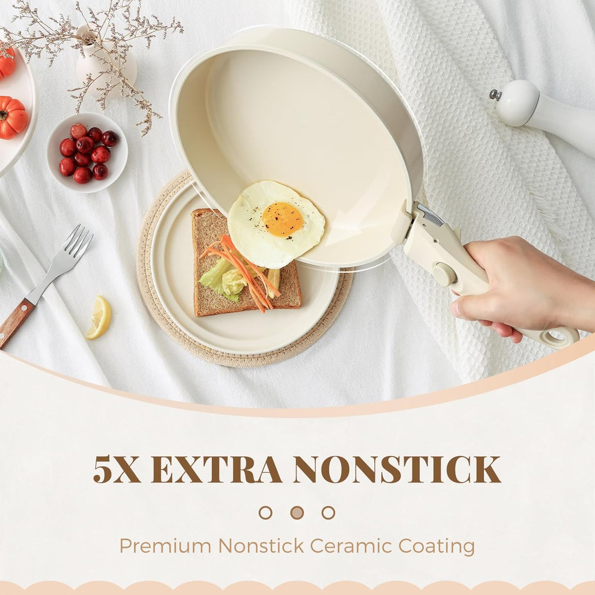 Ceramic Pots and Pans Set with Detachable Handle, Non-toxic Nonstick 8pcs Cookware Set with Die-cast Lids, Dishwasher & Oven Safe, PTFE PFOA PFAS Free, Perfect for College Dorm, Cream White