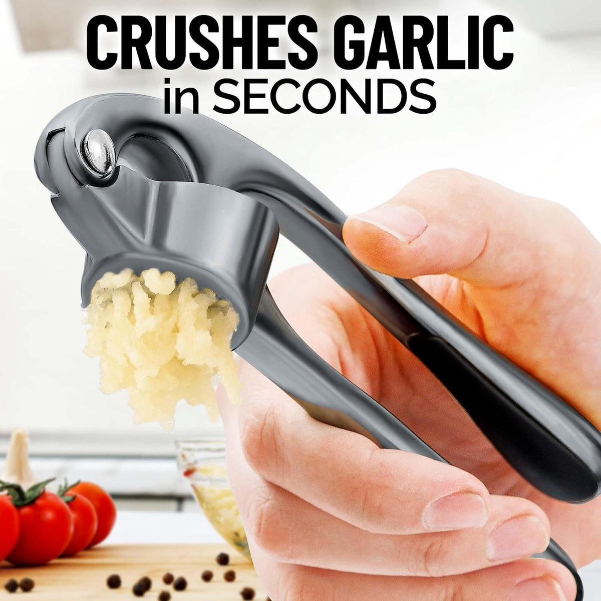 Zulay Kitchen Premium Garlic Press Set - Rust Proof & Dishwasher Safe Professional Garlic Mincer Tool - Easy-Squeeze, Easy-Clean with Soft, Ergonomic Handle - Silicone Garlic Peeler & Brush (Slate)