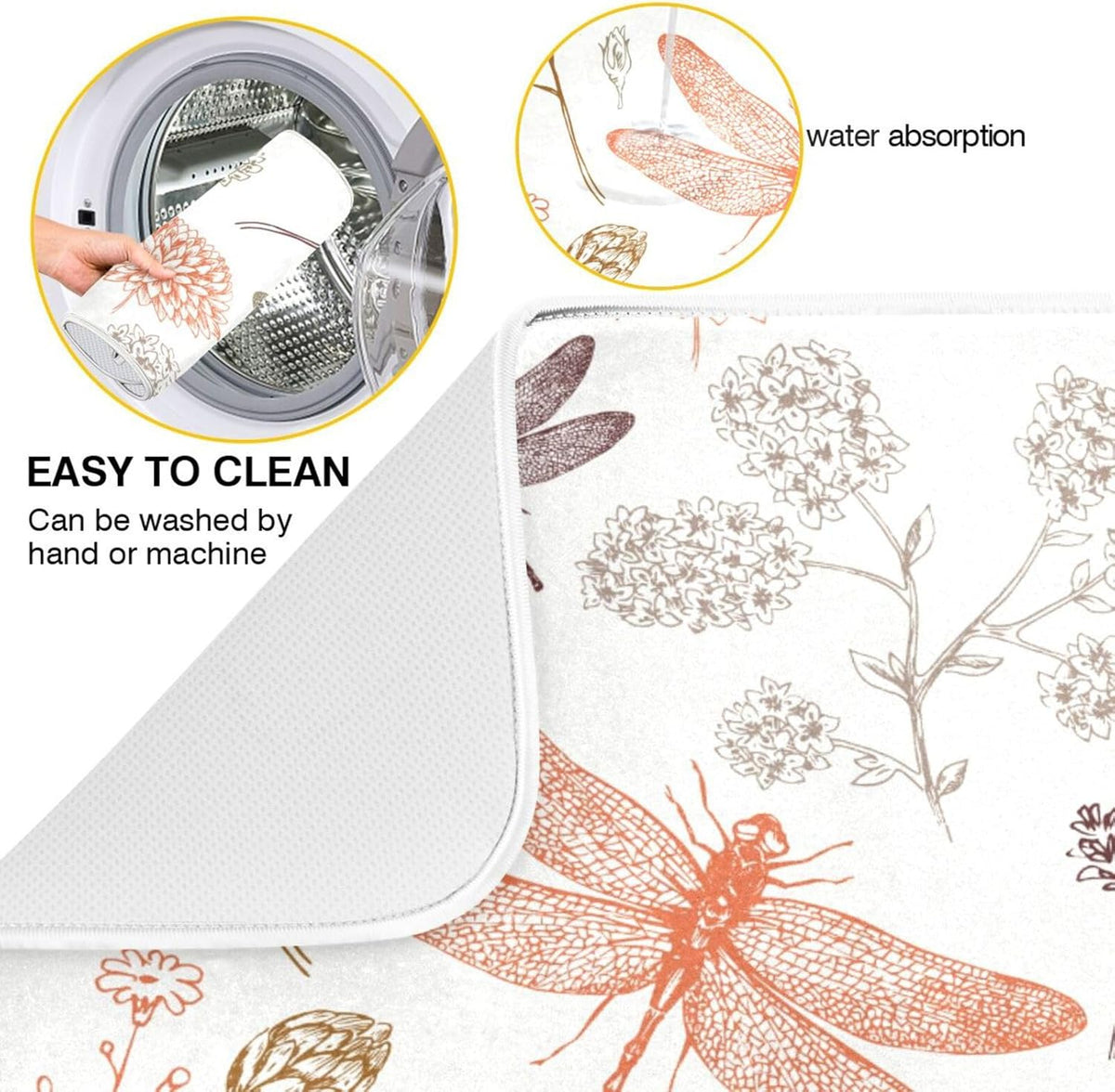 Dragonfly Botanical Plant Dish Drying Mat for Kitchen Counter Absorbent Microfiber Drying Pad, Large 18x24 in, Reversible Drainer Mats