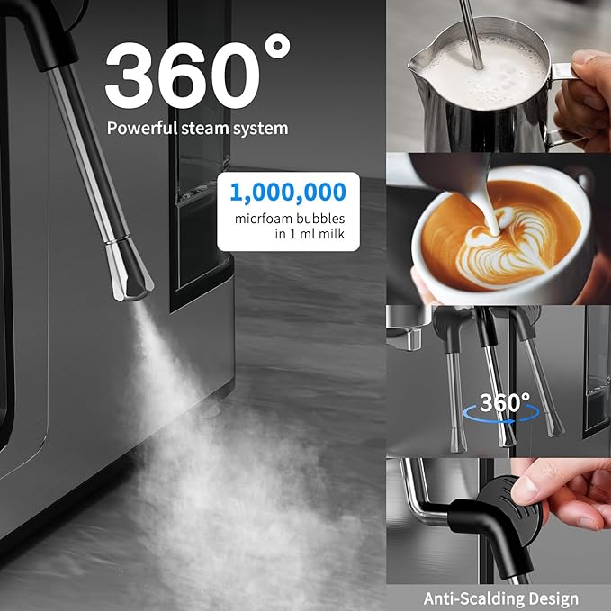 20Bar Espresso Machine with Hot & Rapid Cold Brew, Stainless Steel Coffee Makers, Cappuccino Latte Machine with Milk Frother Steam Wand for Home, 45oz Removable Water Tank, Touchscreen, Silver