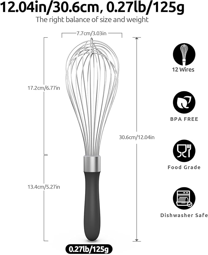 U-Taste Balloon Whisk for Cooking: 18/10 Stainless Steel Kitchen Wire Whisk, 12in Large Heavy Duty Egg Beater, Manual Mixing Tool with 12 High Flex Wires for Stirring, Blending Sauce (Black)