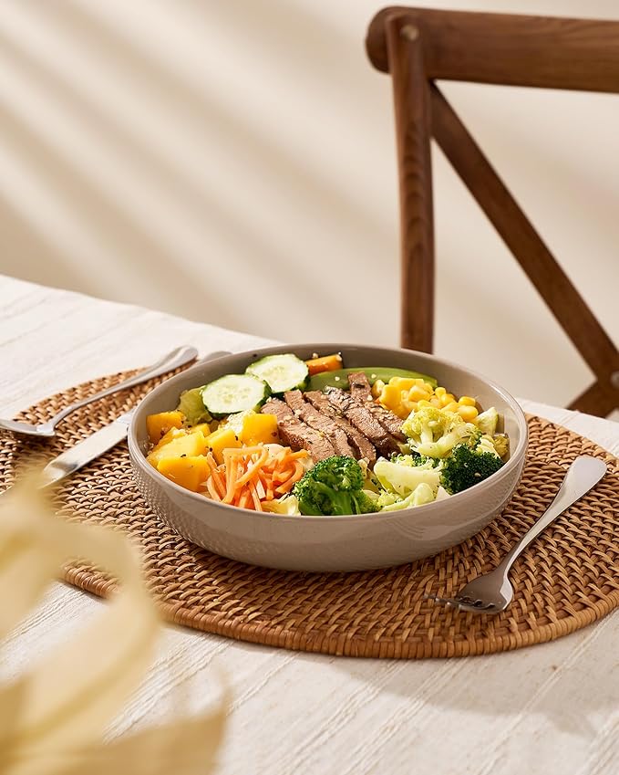 famiware Milkyway 33 oz Bowl Set, Pasta Bowls Set of 4, Salad Bowls, Double Reactive Glaze, Sturdy & Stackable, Ideal for Housewarming, Festivals, White & Cinnamon Brown