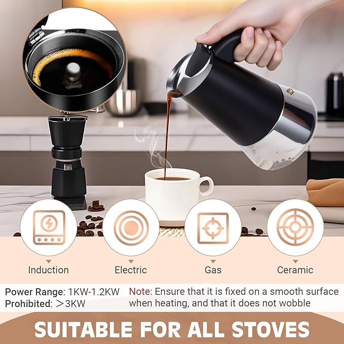 Moka Pot, 6 Cups (10.6 oz) Stovetop Espresso Maker, 304 Stainless Steel Moka Pot, Induction Compatible, Black