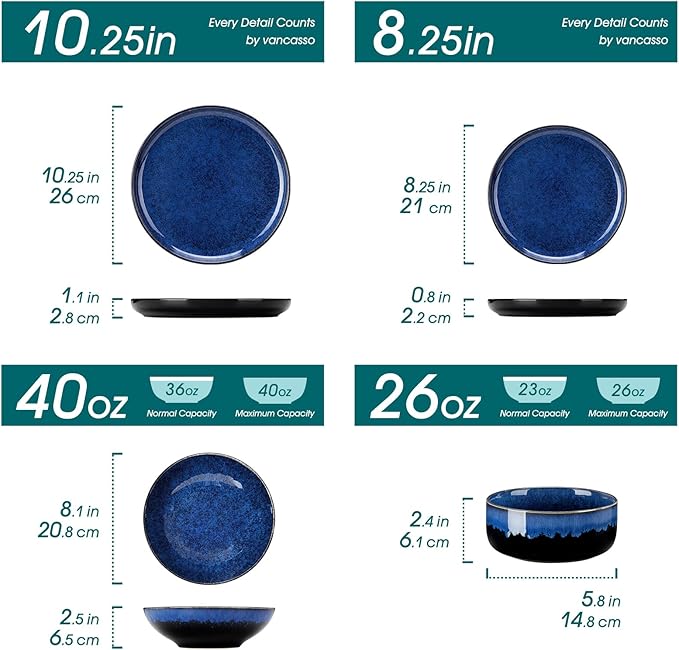 vancasso Starry Plates and Bowls Sets for 6, 24 Pieces Dinnerware Sets, Blue Reactive Glaze Dishes Sets for Kitchen, Scratch Resistant Stoneware Dishes Set, Dishwasher and Microwave Safe