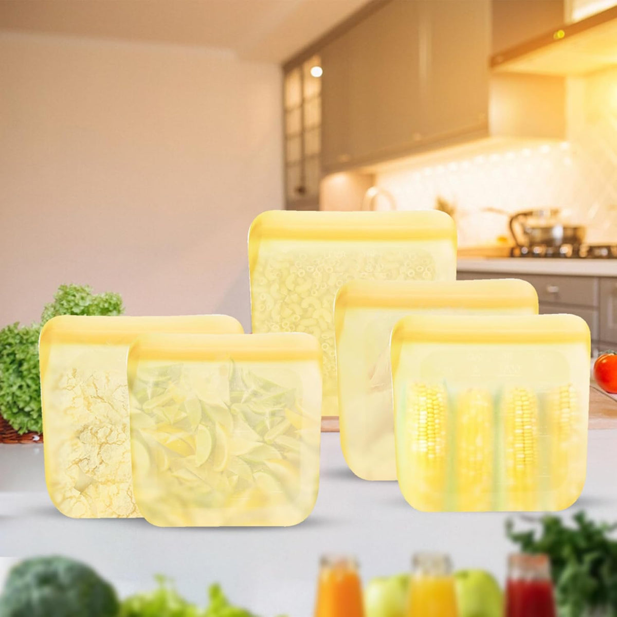purifyou Set of 5 Reusable Silicone Storage Snack Bags 6oz / 16oz / 32oz / 64oz Self-Seal Food Storage Container for Fruits, Vegetables, Sandwiches, Dishwasher Safe & Leak-free (PastelYellow, 32oz)