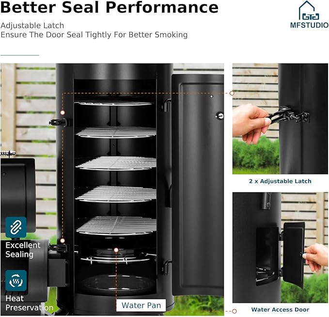 MFSTUDIO Vertical Offset Smoker Charcoal Grill,Extra Large BBQ Barrel Grills and Drum Smoker Combo with hanging racks and 5 removable grates for Smoking,ourdoor barbecue cooking,961 SQ.IN.Area