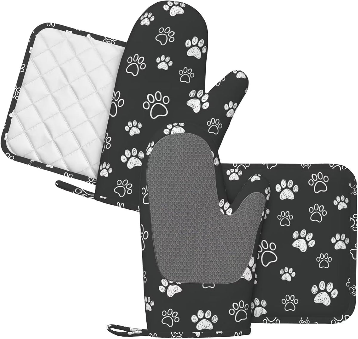 Dog Paw Print Oven Mitts and Pot Holders Set of 4 Silicone Black White Dog Paw Print Kitchen Mitten Gloves and Non-Slip Potholders Set Heat Resistant Oven Gloves Hot Holders for Kitchen