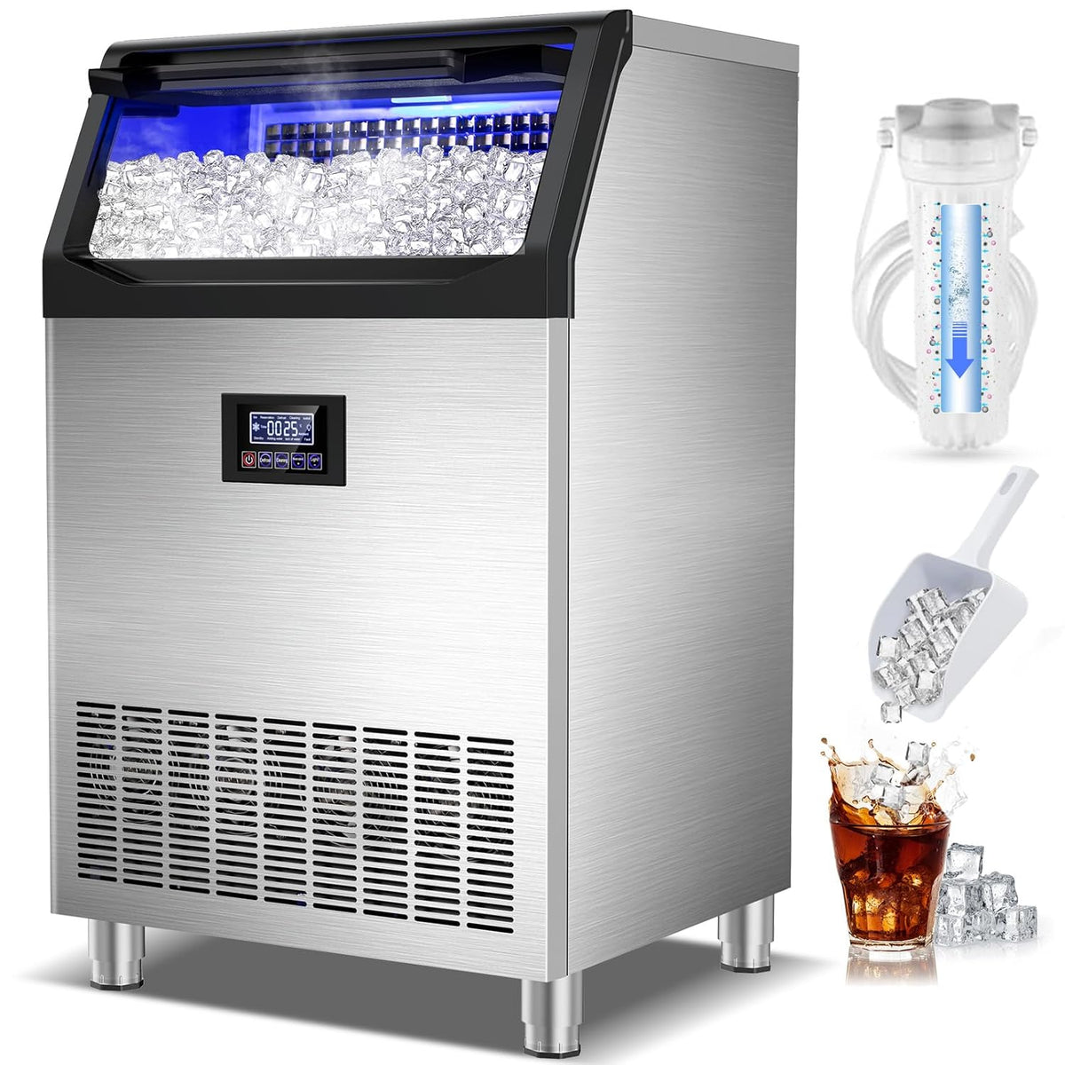 Commercial Ice Maker Machine 400LBS/24H with 125LBS Large Ice Storage Bin, 126Pcs Clear Ice Cubes in 11Mins, Stainless Steel Under Counter Industrial Ice Machine for Bar, Restaurant Business