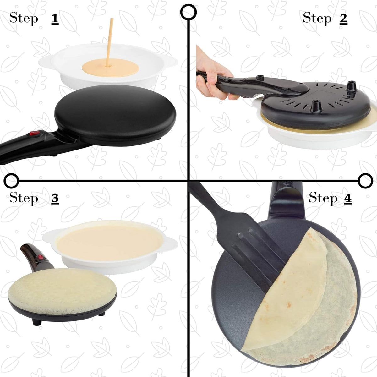 Moss & Stone Electric Crepe Maker – 8” Portable Crepe Pan Nonstick with Dipping Plate, Auto Shut-Off, On/Off Switch, Even Heating & One Automatic Temperature Control – Compact Crepe Maker