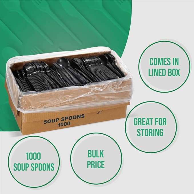 1,000 Plastic Disposable Soup Spoons Bulk Black Medium Weight Disposable Silverware Plastic Cutlery Spoons