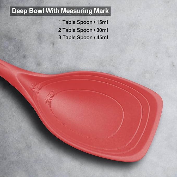 Large Silicone Cooking Spoon, Non-Stick Solid Spoon set with Deep Bolw and Measurement Mark for Mixing, Serving, Draining, Scooping, Scraping, Heat Resistant Kitchen Utensils, Red