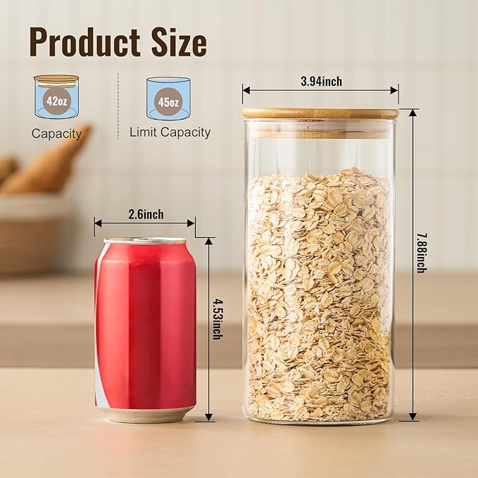 4 Pack 42oz Glass Jars with Bamboo Lids,Glass Storage Containers with Lids,Clear Airtight Food Storage Jar for Flour,Oat,Coffee,Tea,Sugar,Cookies,Pantry Organizers 3mm Thick Canisters
