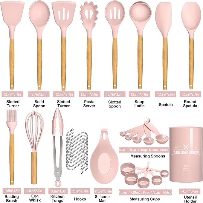 Umite Chef Silicone Kitchen Utensils Set, 33 Piece Non-Stick Kitchen Utensils with Stand, Wooden Handle, Pink