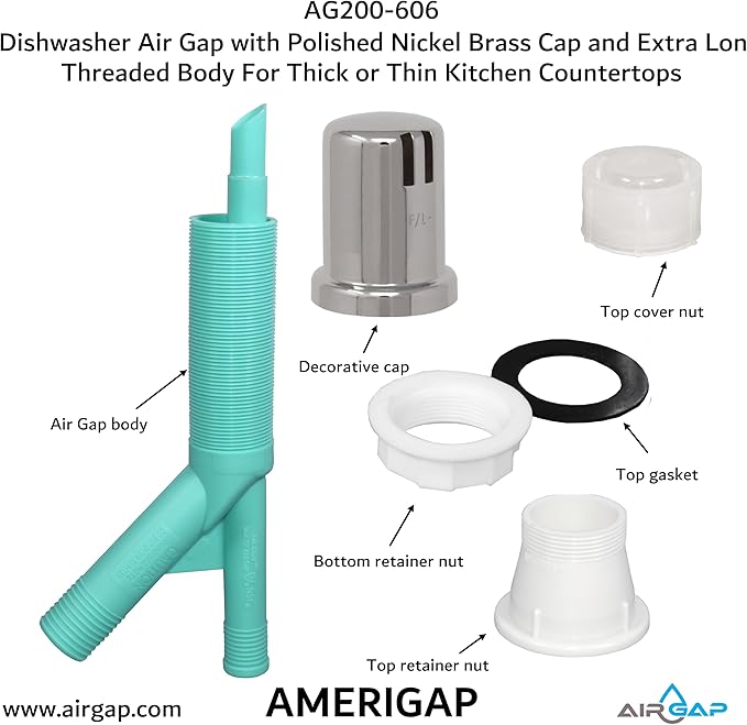 Dishwasher Air Gap with Skirted Polished Nickel Brass Cap and Extra Long Threaded Body for Thick or Thin Kitchen Countertops (AG200-606, AG200-X06, AMERIGAP)