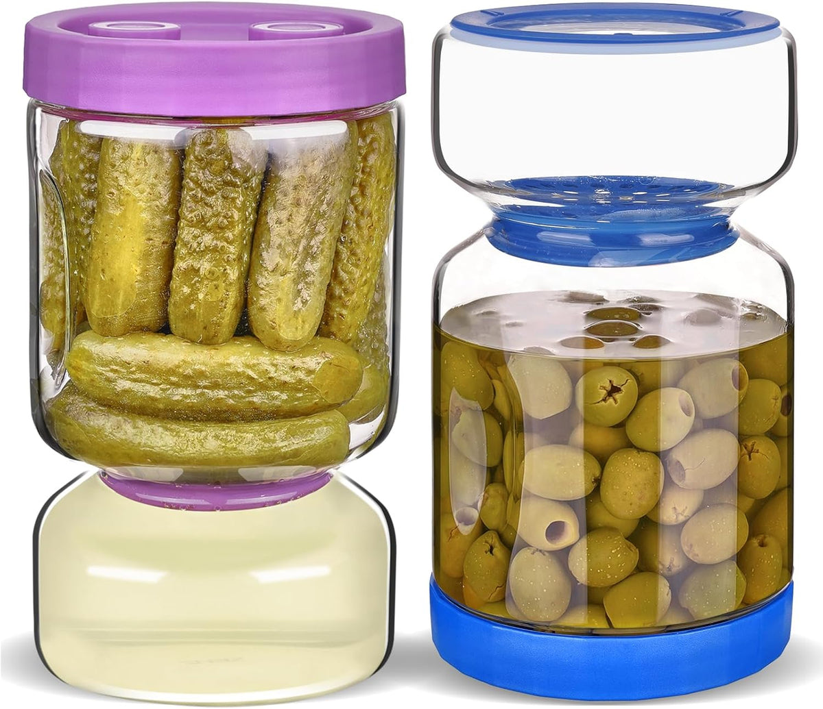 ZENS Pickle Jar with Strainer Flip, 2 Pack 51oz Pickle Container Pickle Juice Separator Hourglass Jar for Olive Keeper, Leakproof Pickle Holder Jars for Pickling Dill Sliced Storage, Gifts for Mom