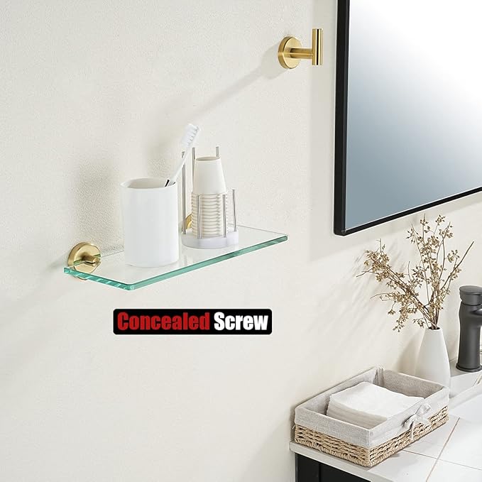 JQK Bathroom Glass Shelf Gold, Tempered Glass Shower Storage 12 by 5 inches, 304 Stainless Steel Brushed Gold Wall Mount 2 Pack, TGS101L12-BG-P2