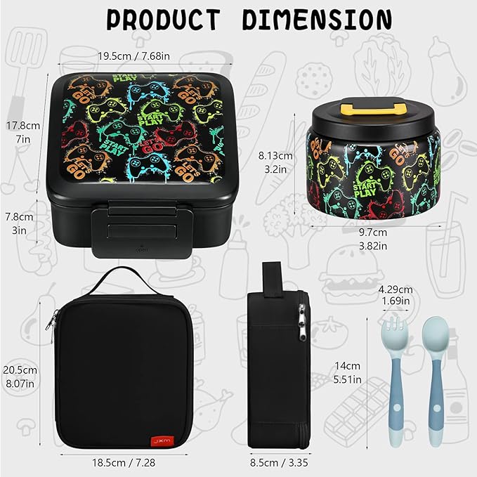 Bento Lunch Box for Kids With 8oz Soup thermo,Leak-proof Lunch Containers with 5 Compartment,thermo Food Jar and Lunch Bag, Food Containers for School (A-Black(Game Consoley))