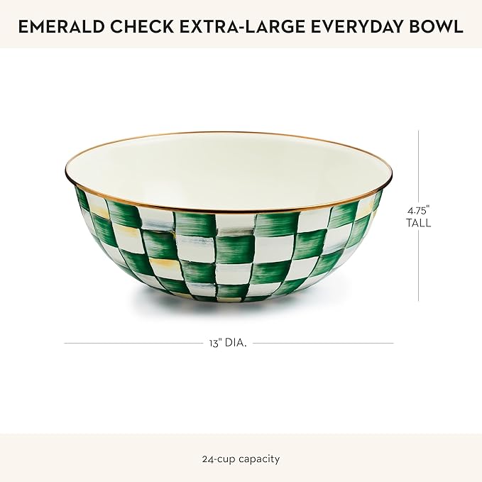 MACKENZIE-CHILDS Enamel Everyday Bowl, Serving Bowl for Entertaining, Extra Large, Green-and-White Emerald Check
